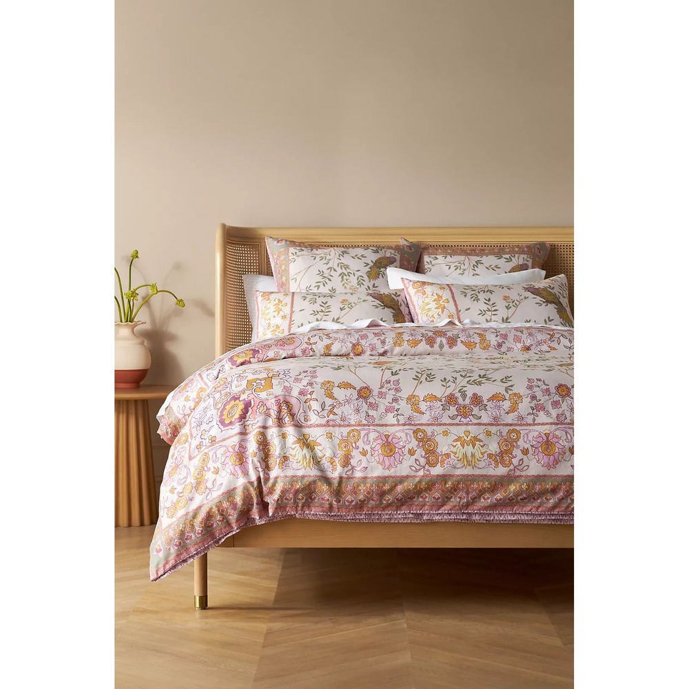 Anthropologie Priyanka Blossom Duvet Cover Queen Organic Cotton Pink Floral Bird